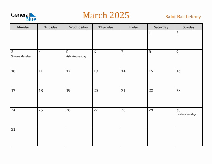 March 2025 Holiday Calendar with Monday Start