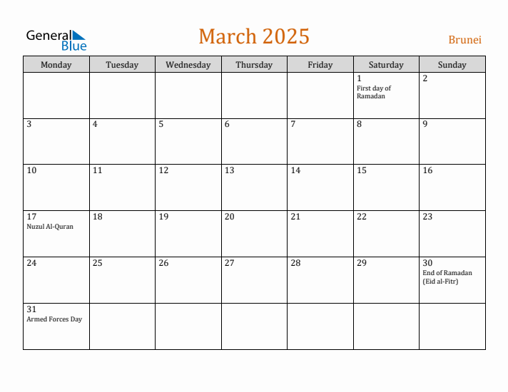 March 2025 Holiday Calendar with Monday Start