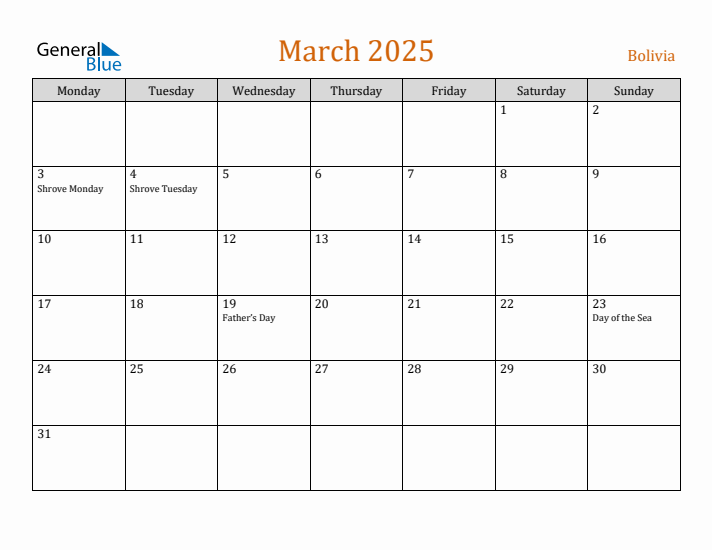 March 2025 Holiday Calendar with Monday Start