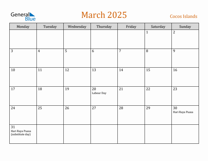 March 2025 Holiday Calendar with Monday Start