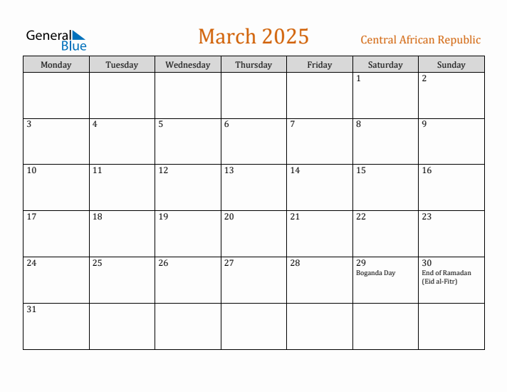 March 2025 Holiday Calendar with Monday Start