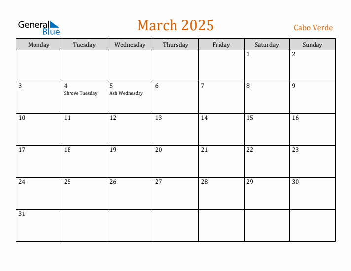 March 2025 Holiday Calendar with Monday Start