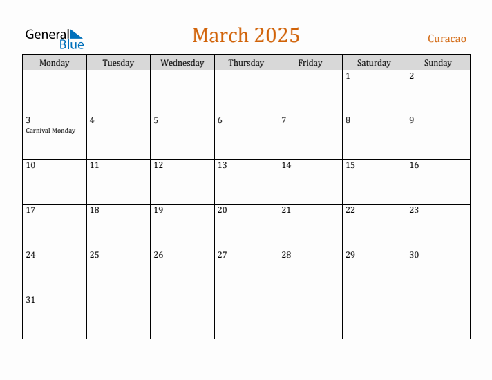 March 2025 Holiday Calendar with Monday Start