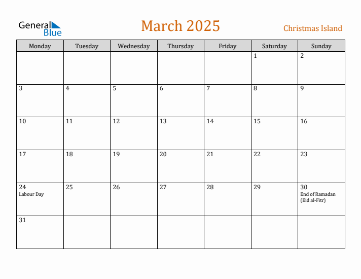 March 2025 Holiday Calendar with Monday Start