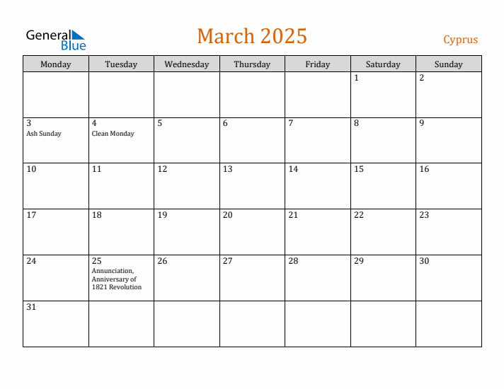 March 2025 Holiday Calendar with Monday Start