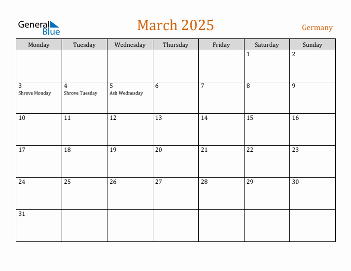 March 2025 Holiday Calendar with Monday Start