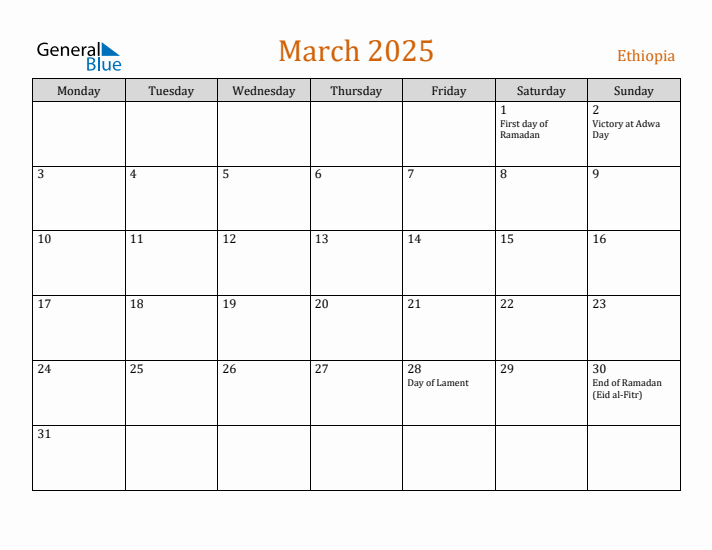 March 2025 Holiday Calendar with Monday Start