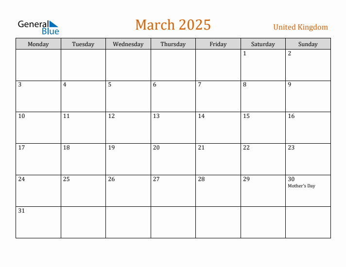 March 2025 Holiday Calendar with Monday Start