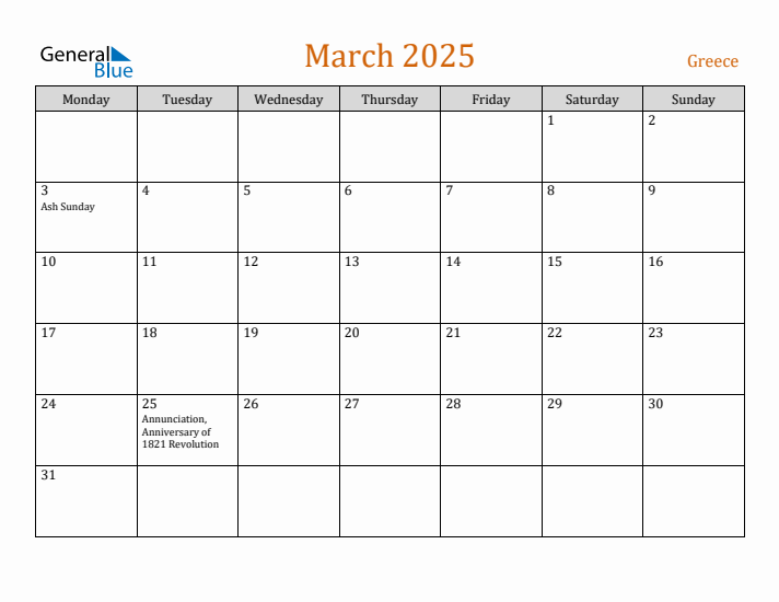 March 2025 Holiday Calendar with Monday Start