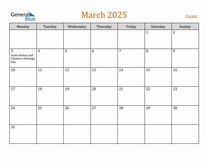 March 2025 Holiday Calendar with Monday Start