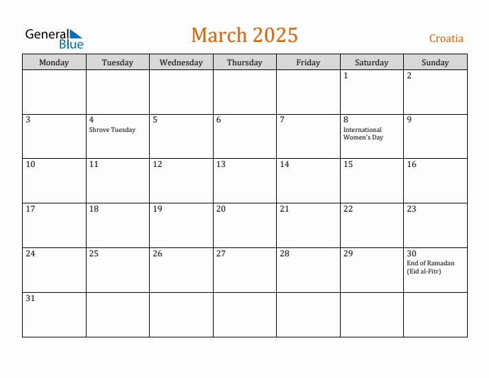 March 2025 Holiday Calendar with Monday Start