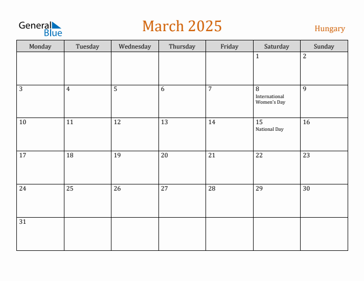 March 2025 Holiday Calendar with Monday Start