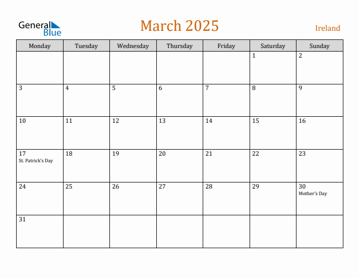 March 2025 Holiday Calendar with Monday Start