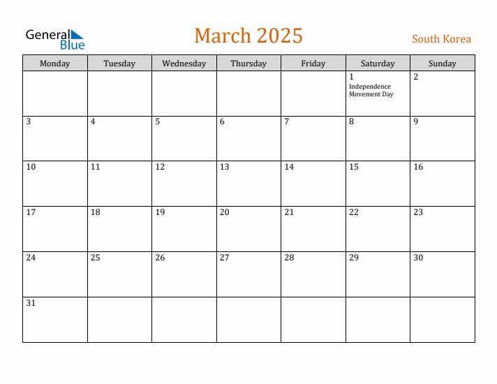 March 2025 Holiday Calendar with Monday Start