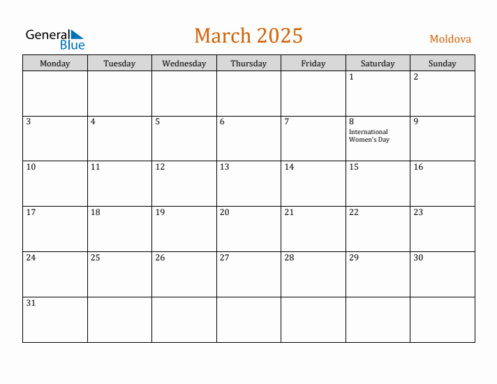 March 2025 Holiday Calendar with Monday Start