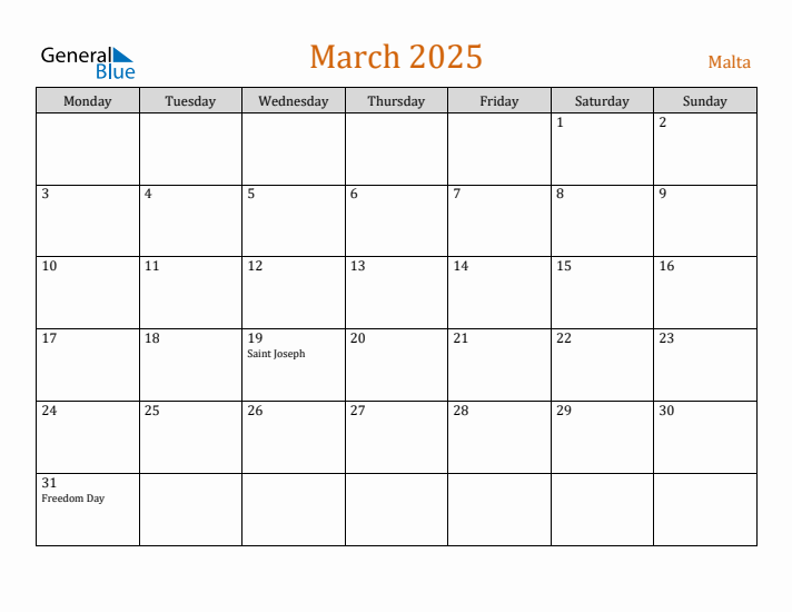 March 2025 Holiday Calendar with Monday Start