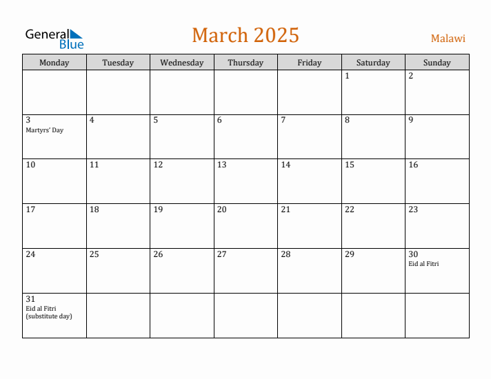 March 2025 Holiday Calendar with Monday Start