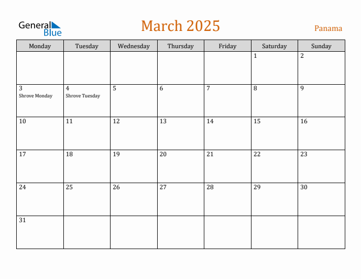 March 2025 Holiday Calendar with Monday Start