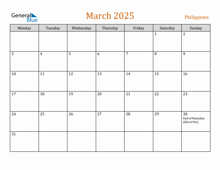 March 2025 Holiday Calendar with Monday Start