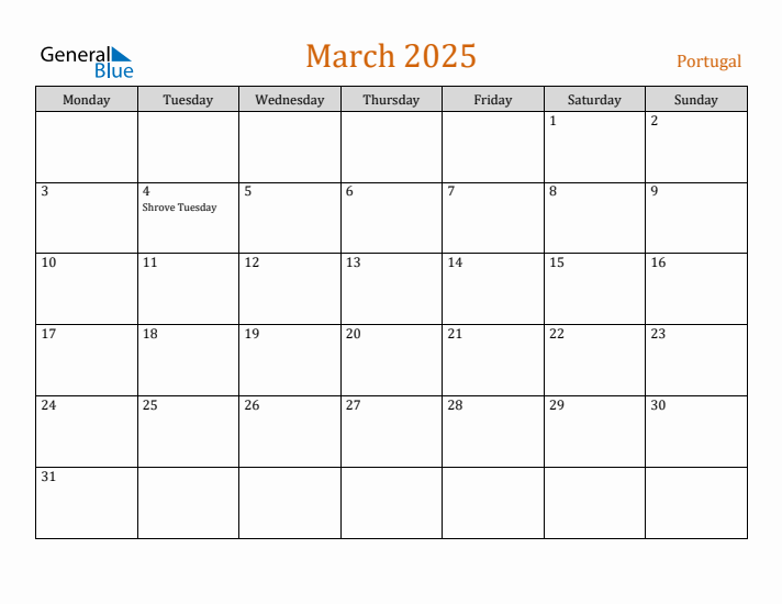 March 2025 Holiday Calendar with Monday Start