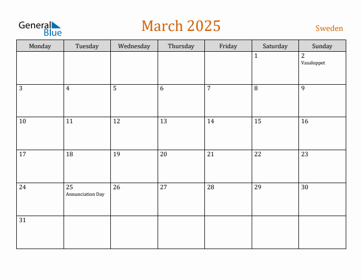 March 2025 Holiday Calendar with Monday Start