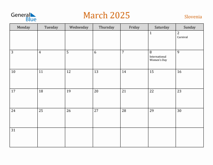 March 2025 Holiday Calendar with Monday Start