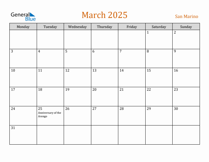 March 2025 Holiday Calendar with Monday Start