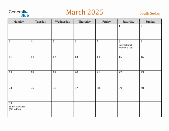 March 2025 Holiday Calendar with Monday Start