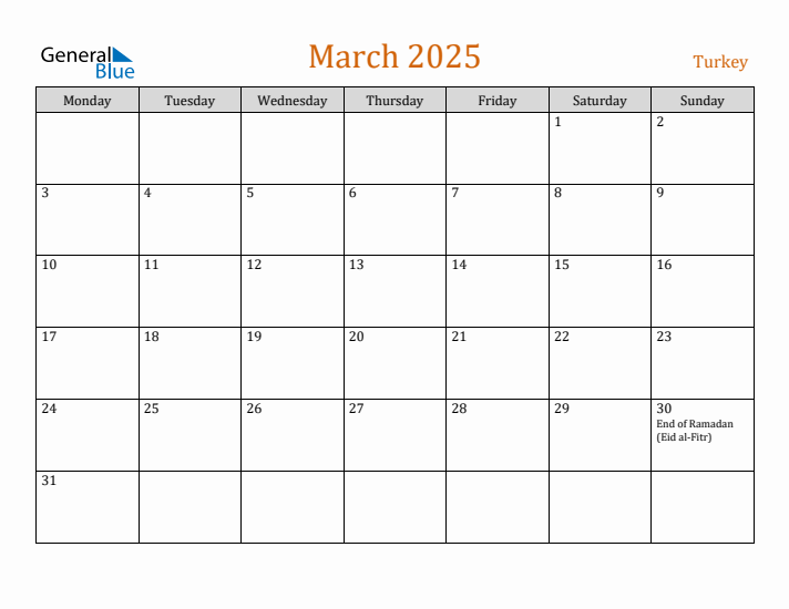 March 2025 Holiday Calendar with Monday Start