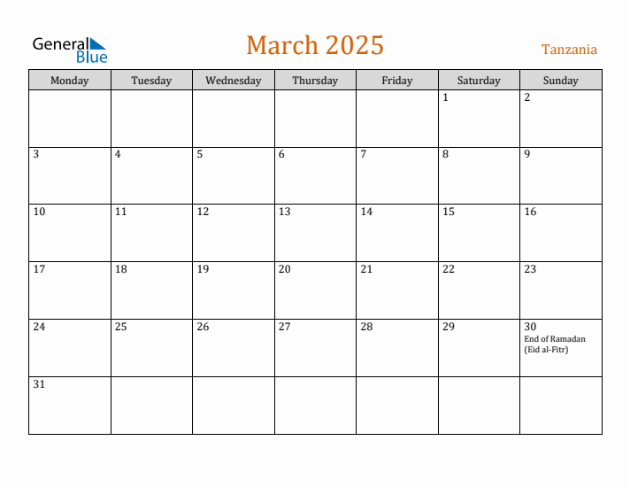 March 2025 Holiday Calendar with Monday Start