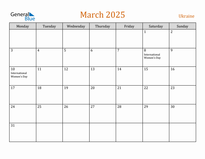 March 2025 Holiday Calendar with Monday Start