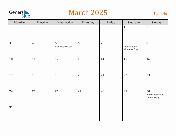 March 2025 Holiday Calendar with Monday Start