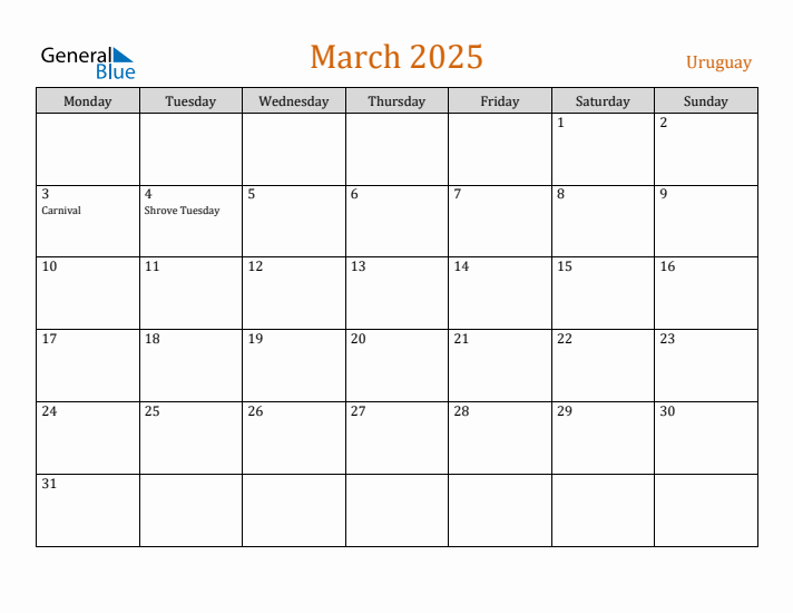 March 2025 Holiday Calendar with Monday Start