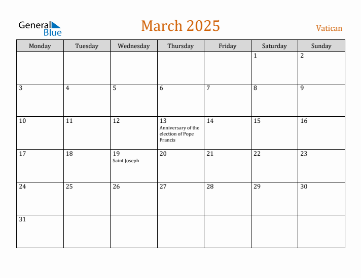 March 2025 Holiday Calendar with Monday Start