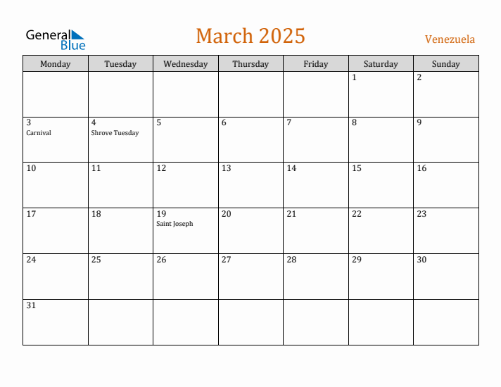 March 2025 Holiday Calendar with Monday Start