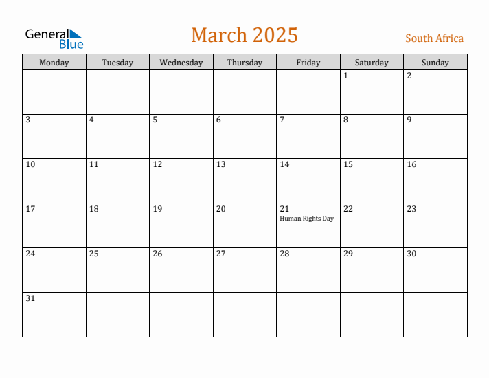 March 2025 Holiday Calendar with Monday Start