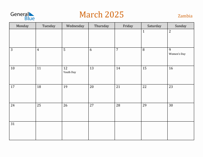 March 2025 Holiday Calendar with Monday Start