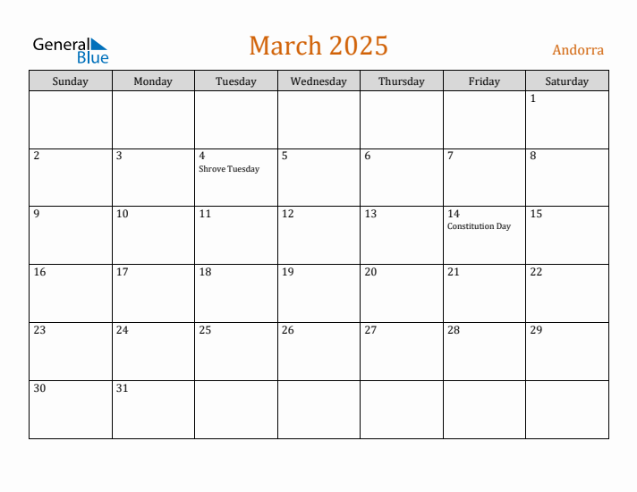 March 2025 Holiday Calendar with Sunday Start