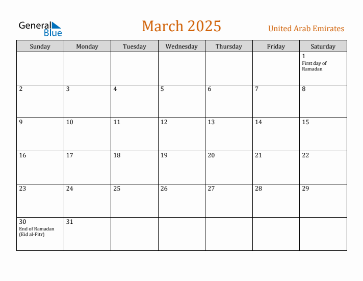 March 2025 Holiday Calendar with Sunday Start