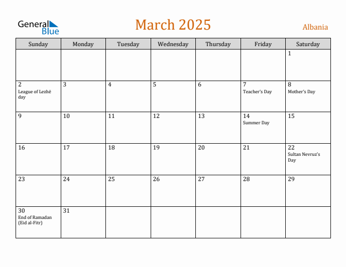 March 2025 Holiday Calendar with Sunday Start