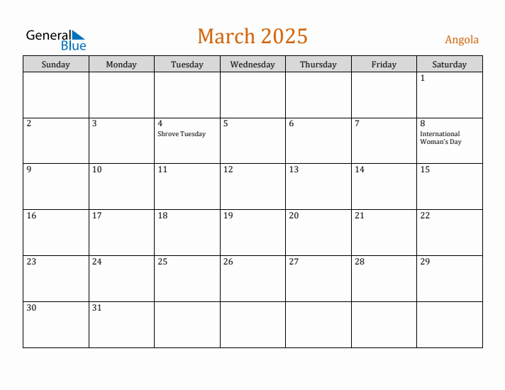 March 2025 Holiday Calendar with Sunday Start