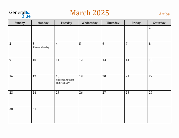 March 2025 Holiday Calendar with Sunday Start