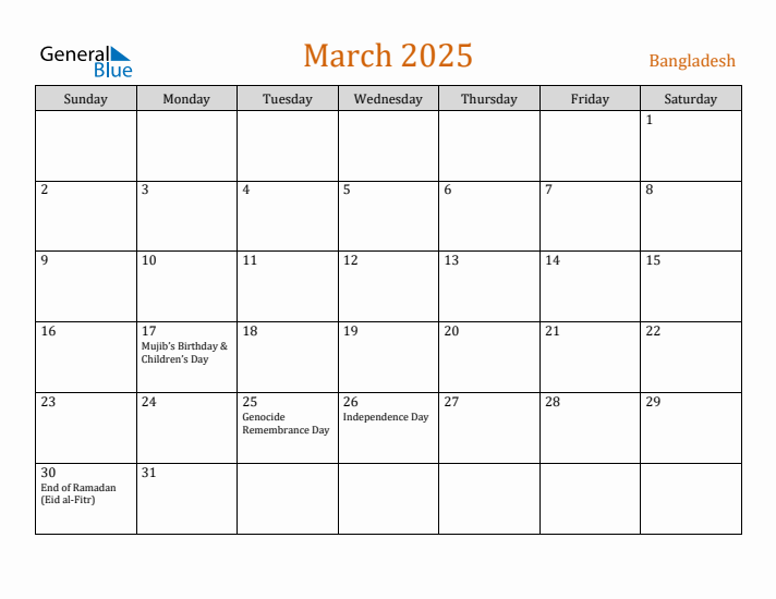 March 2025 Holiday Calendar with Sunday Start