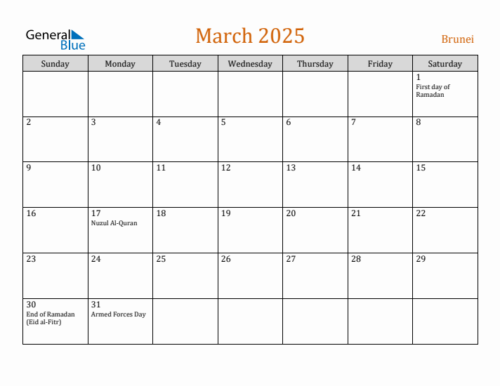 March 2025 Holiday Calendar with Sunday Start