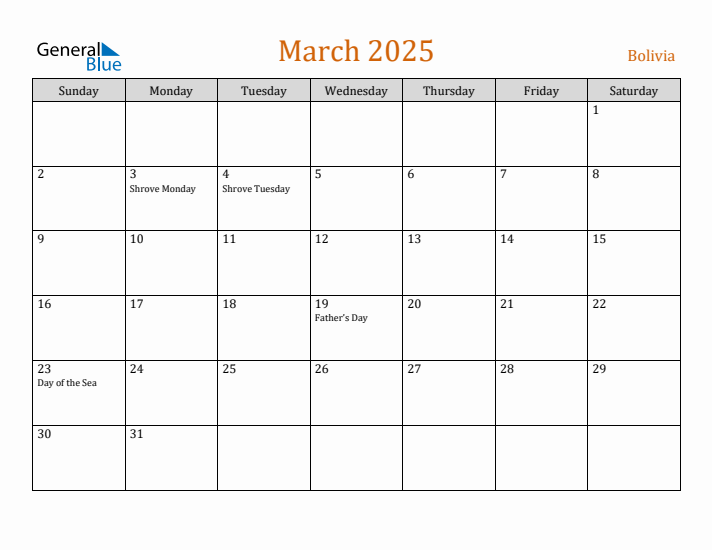 March 2025 Holiday Calendar with Sunday Start