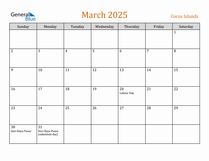 March 2025 Holiday Calendar with Sunday Start