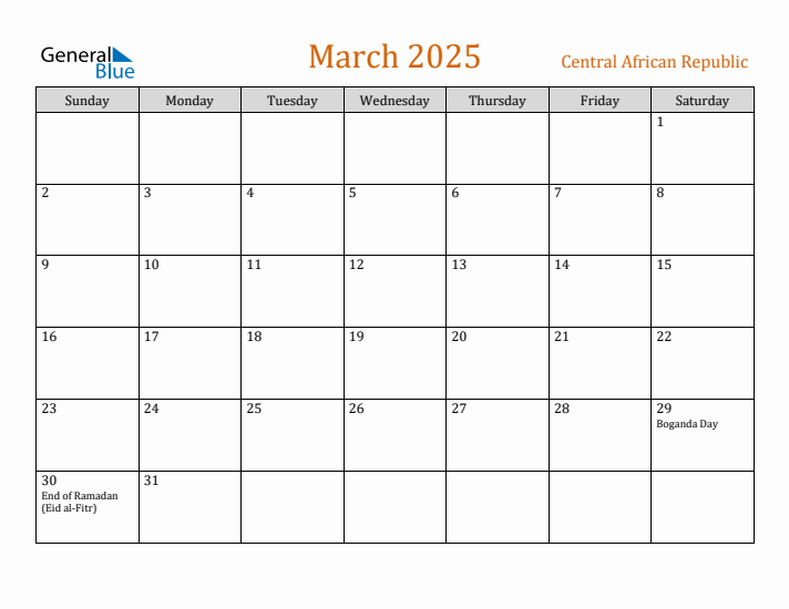 March 2025 Holiday Calendar with Sunday Start