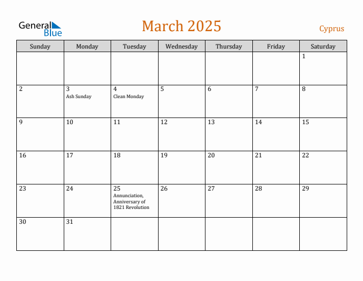 March 2025 Holiday Calendar with Sunday Start