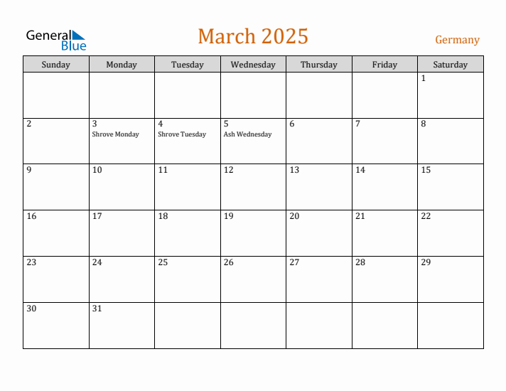 March 2025 Holiday Calendar with Sunday Start