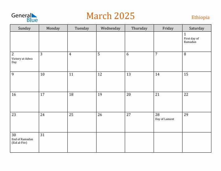 March 2025 Holiday Calendar with Sunday Start